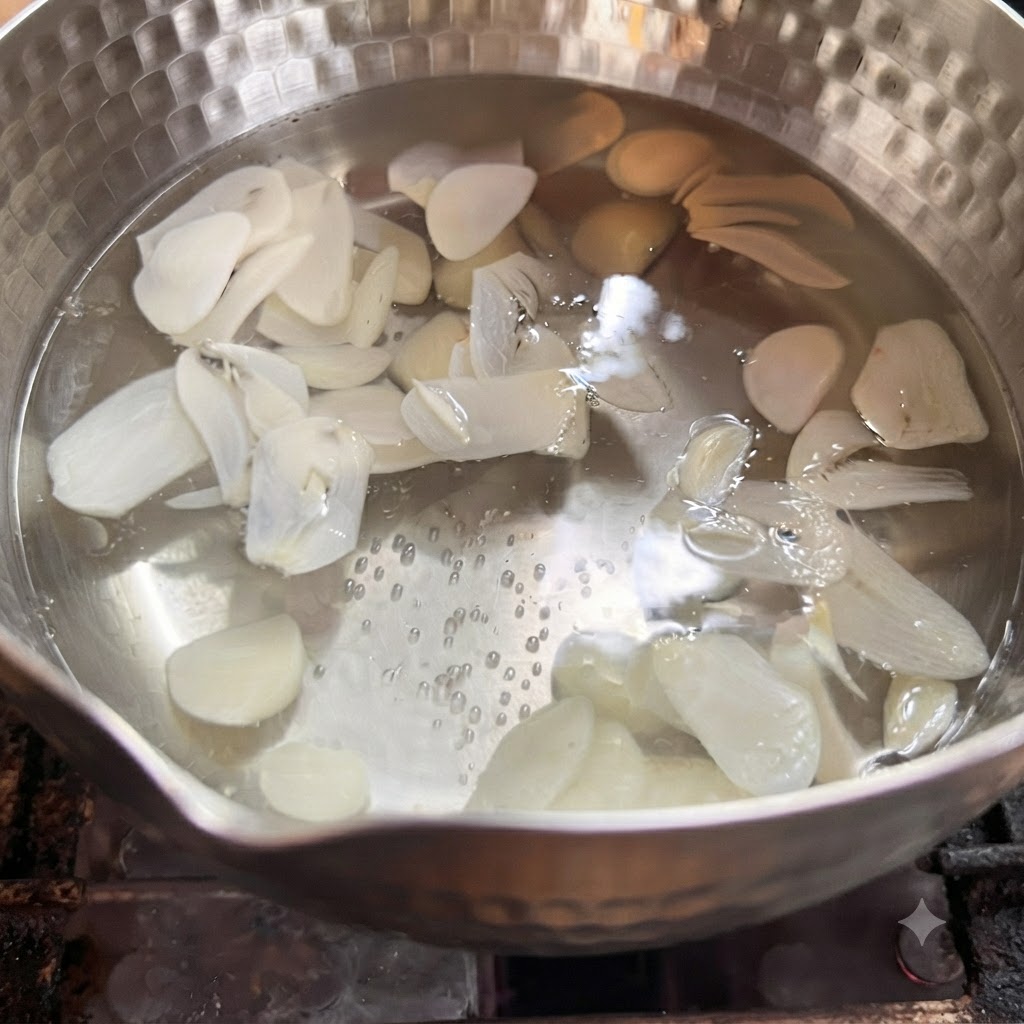 Dünn geschnittene Knoblauchzehen kochen in einem Topf mit heißem Wasser.