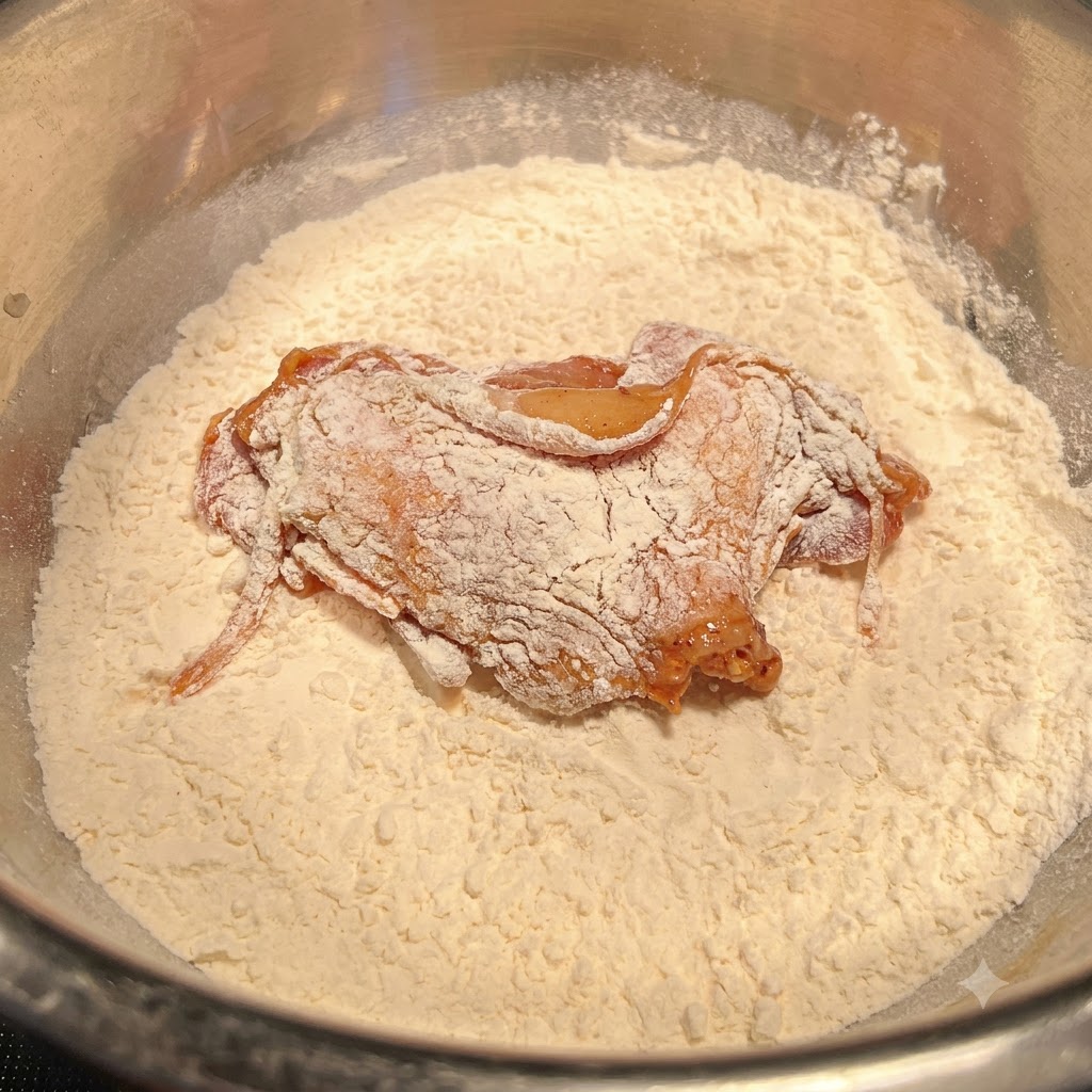 Ein mariniertes Hähnchenstück liegt in einer Schüssel mit trockenem Mehl und wird gleichmäßig umhüllt.