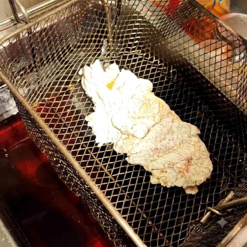 Ein paniertes Hähnchenstück in einem Frittierkorb über heißem Öl.