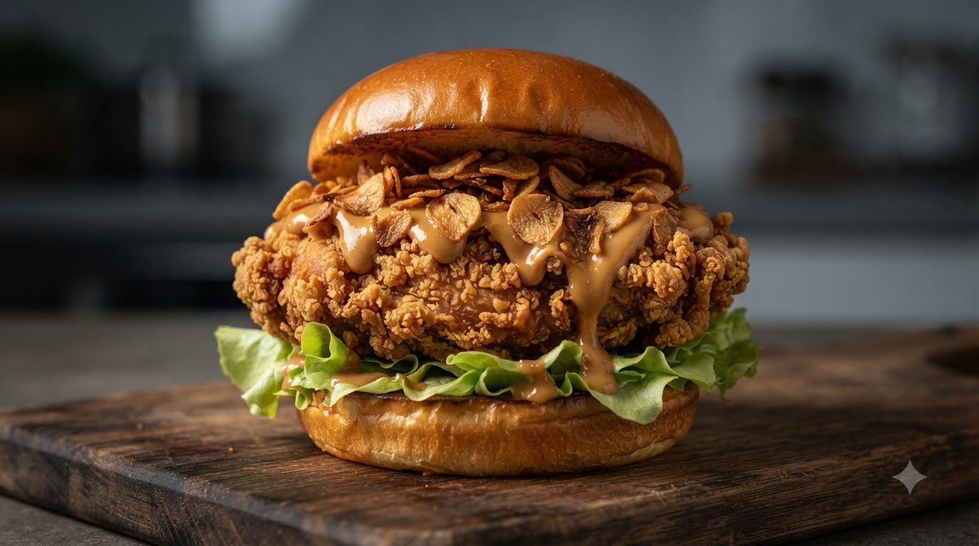 Knoblauch-Mala-Hähnchen-Burger mit Erdnussbutter