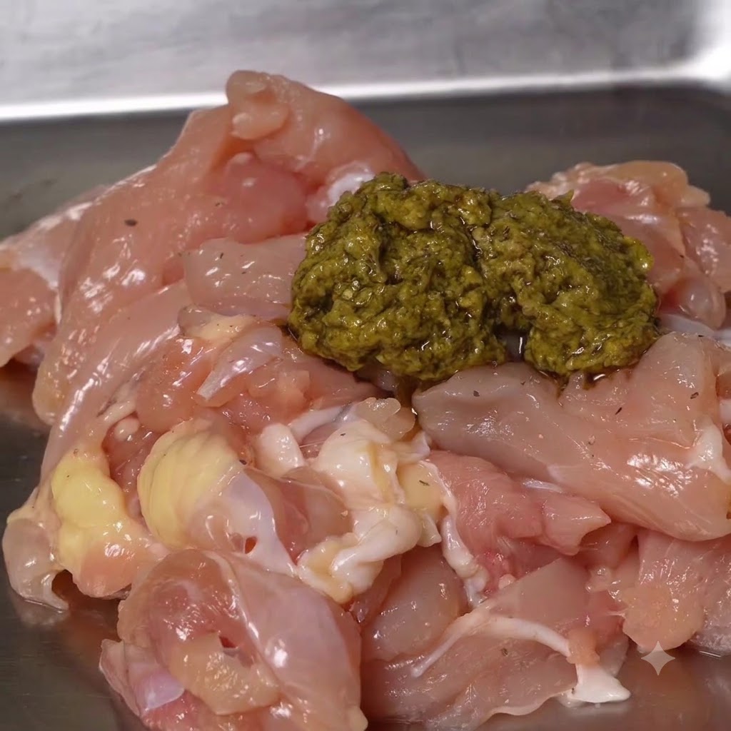 Rohe, geschnittene Hähnchenstücke in einer Metallschale, gekrönt mit einem Löffel grüner Pesto-Sauce.
