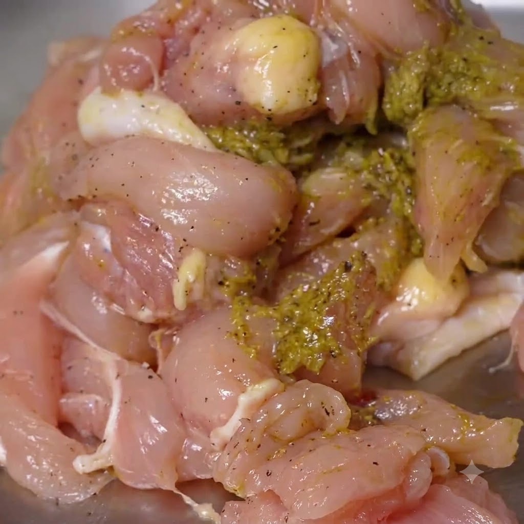 Nahaufnahme von rohen Hähnchenstücken, die gleichmäßig mit grüner Pesto-Marinade in einer Metallschale überzogen sind.