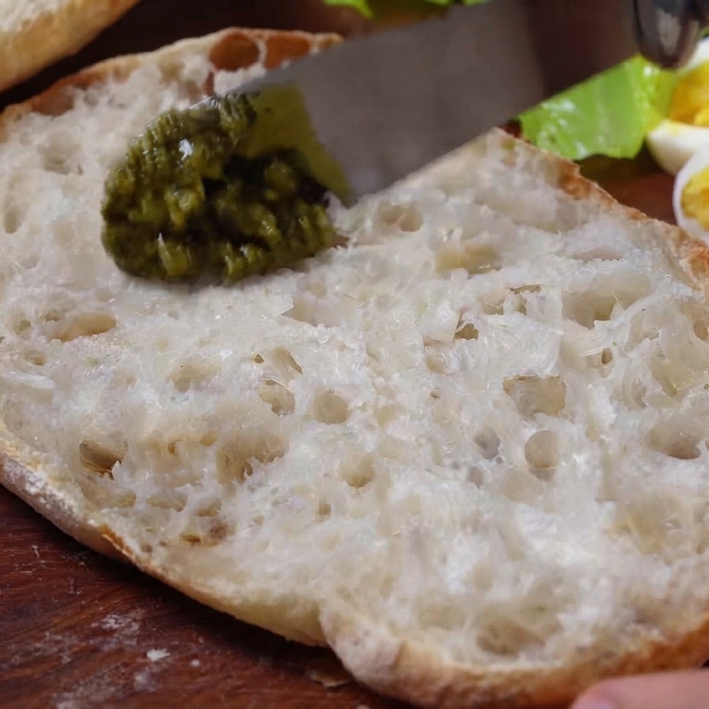 Ein Messer streicht leuchtend grünes Pesto auf eine aufgeschnittene Ciabatta-Hälfte.