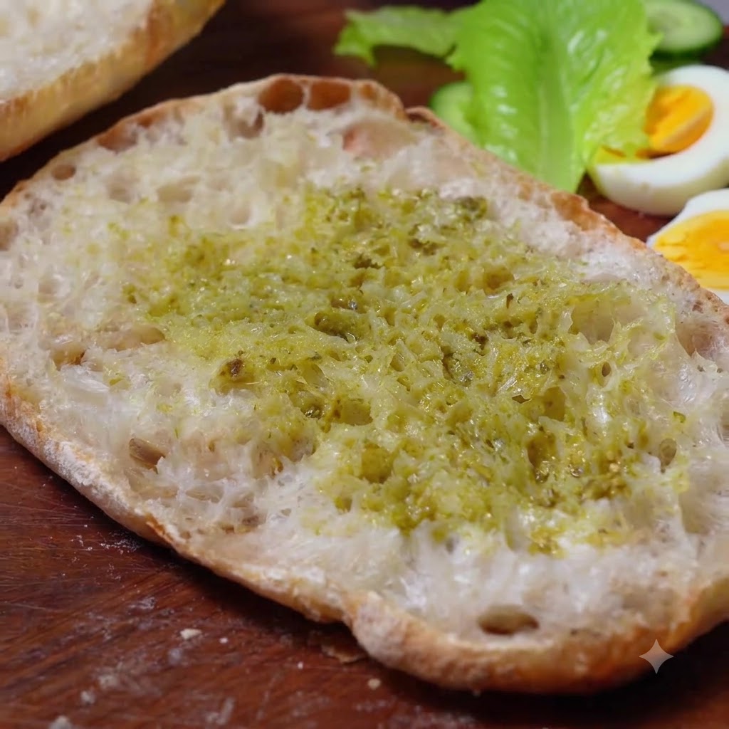 Weißes Salatdressing wird über der Pesto-Schicht auf dem Ciabatta-Brot verteilt.