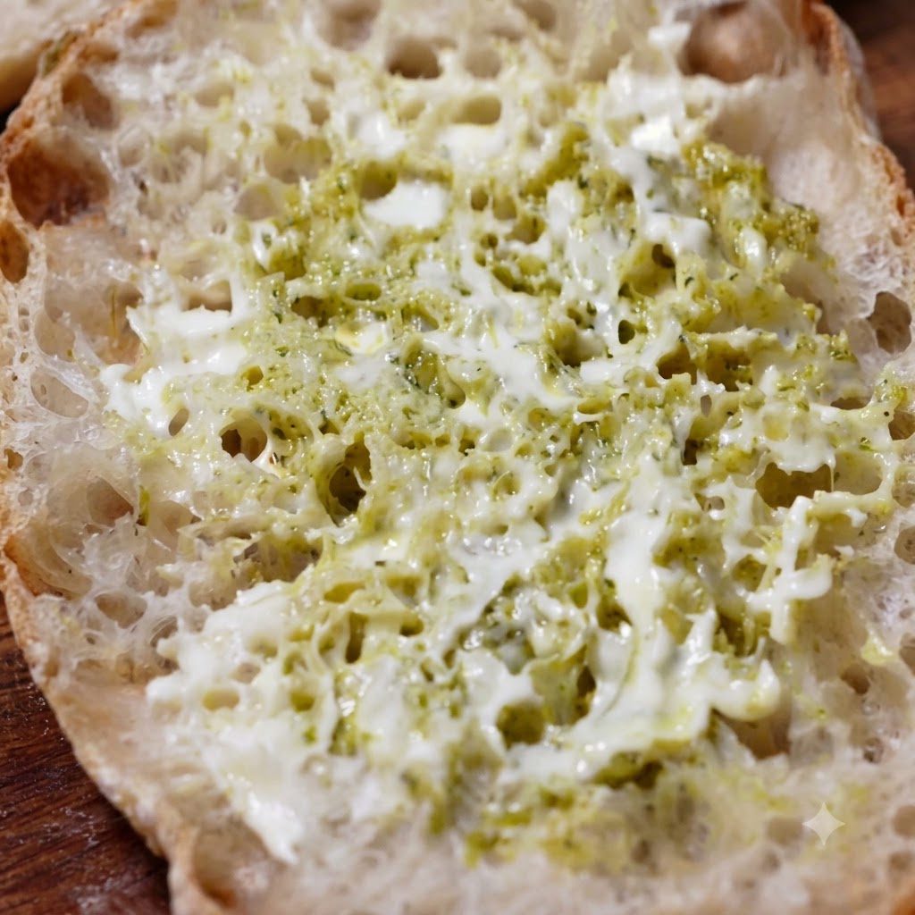 Frischer Römersalat und grüne Grünkohlblätter werden auf dem bestrichenen Ciabatta-Brot angerichtet.