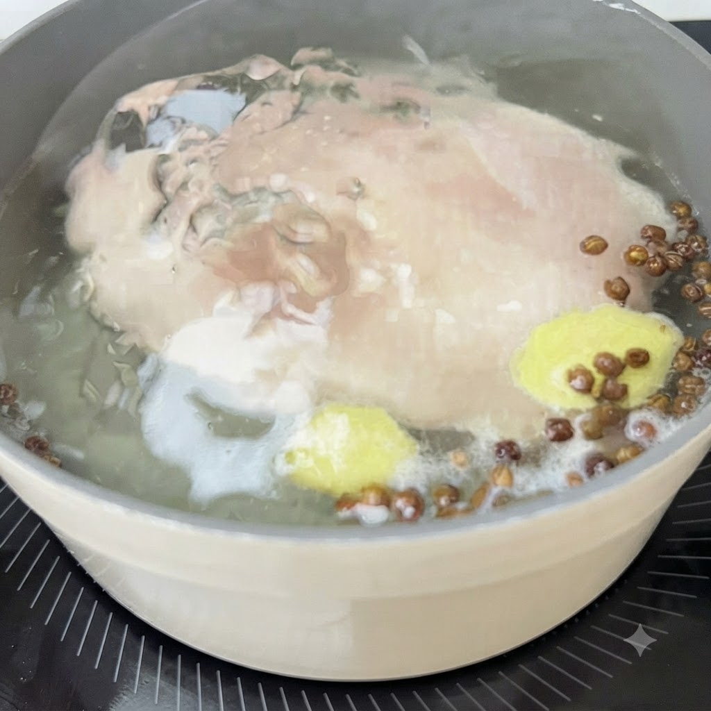 Hähnchenbrust beim Kochen in einem Topf mit Ingwerscheiben und Sichuan-Pfefferkörnern.