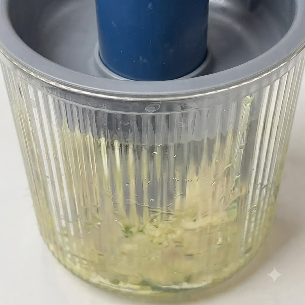 Pestozutaten werden in einer Küchenmaschine zu einer groben grünen Sauce verarbeitet.