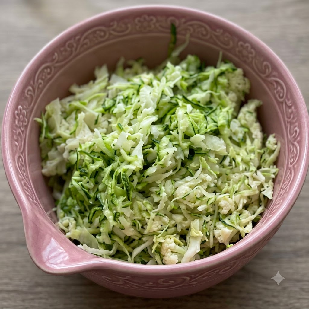 Frischer Grünkohl und Pesto-Hähnchen-Mischung in einer rosa Schüssel.