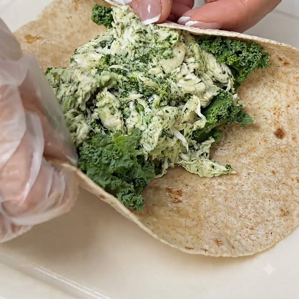 Eine Tortilla wird auf einem Schneidebrett fest über eine Füllung aus grünem Grünkohl und gezupftem Hähnchen gerollt.