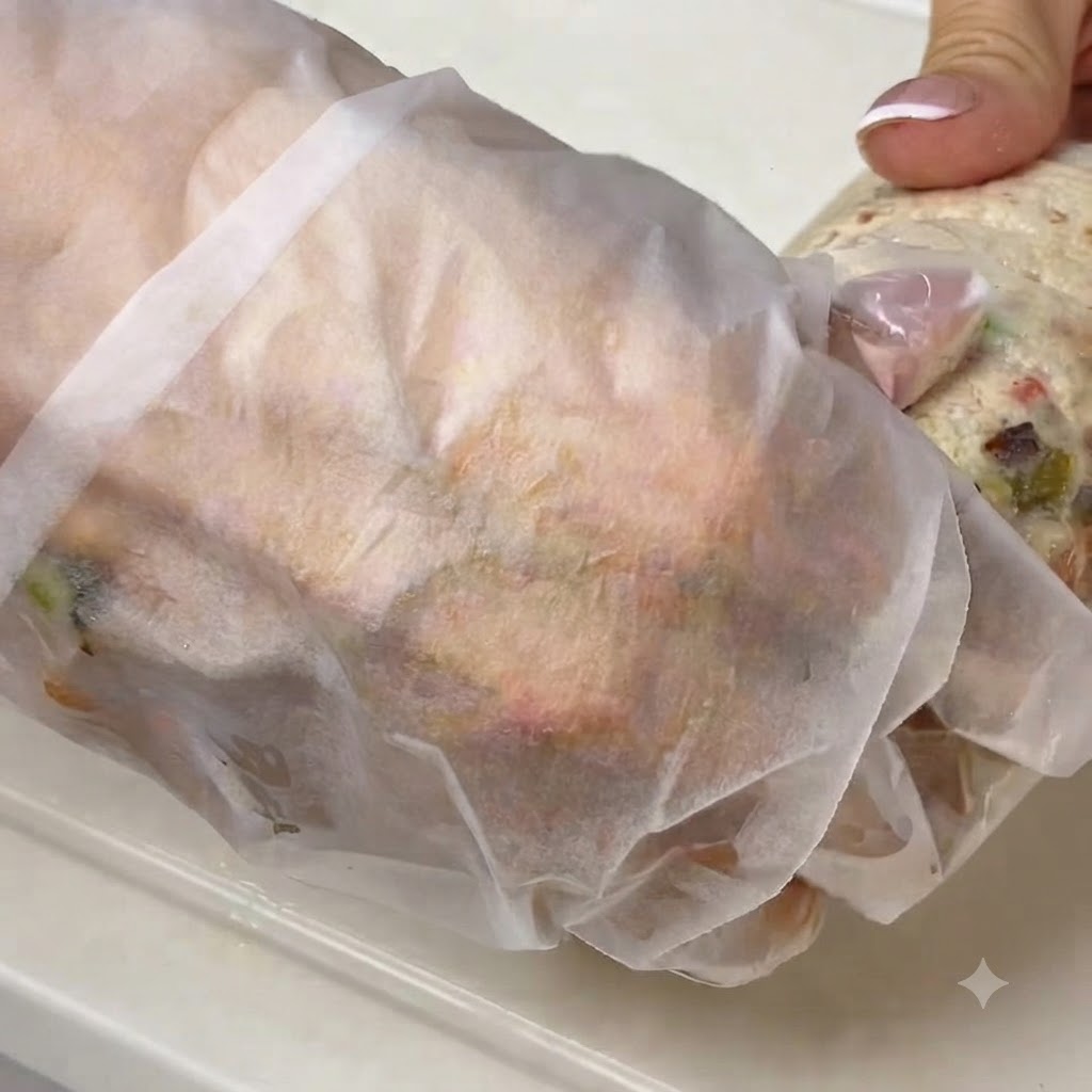 Eine Hand hält Backpapier über einen Wrap, der in einer Pfanne angebraten wird.