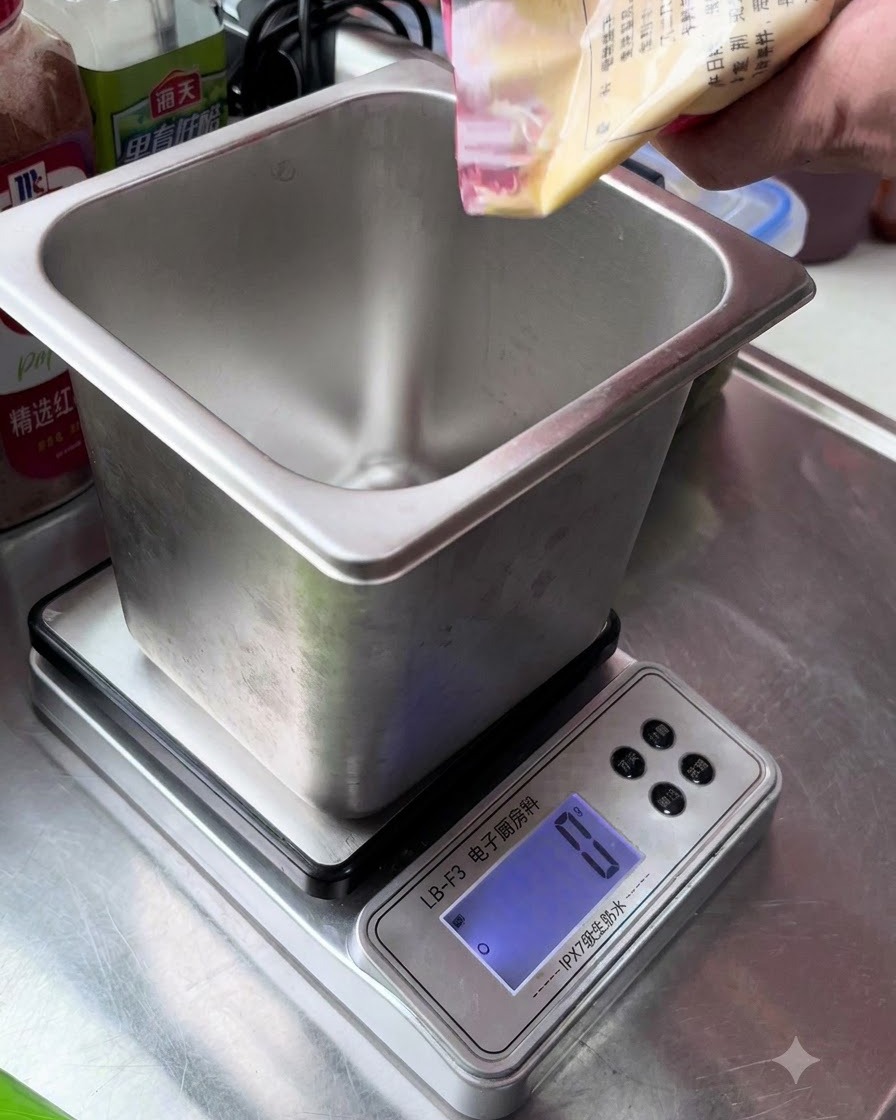 Eine Mayonnaise-Tüte wird in einen Metallbehälter auf einer digitalen Küchenwaage gedrückt.