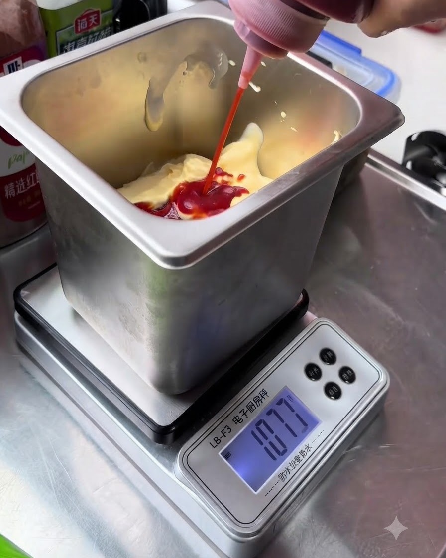 Rotes Ketchup wird aus einer Flasche in die weiße Mayonnaise-Basis in einem Metallbehälter gespritzt.
