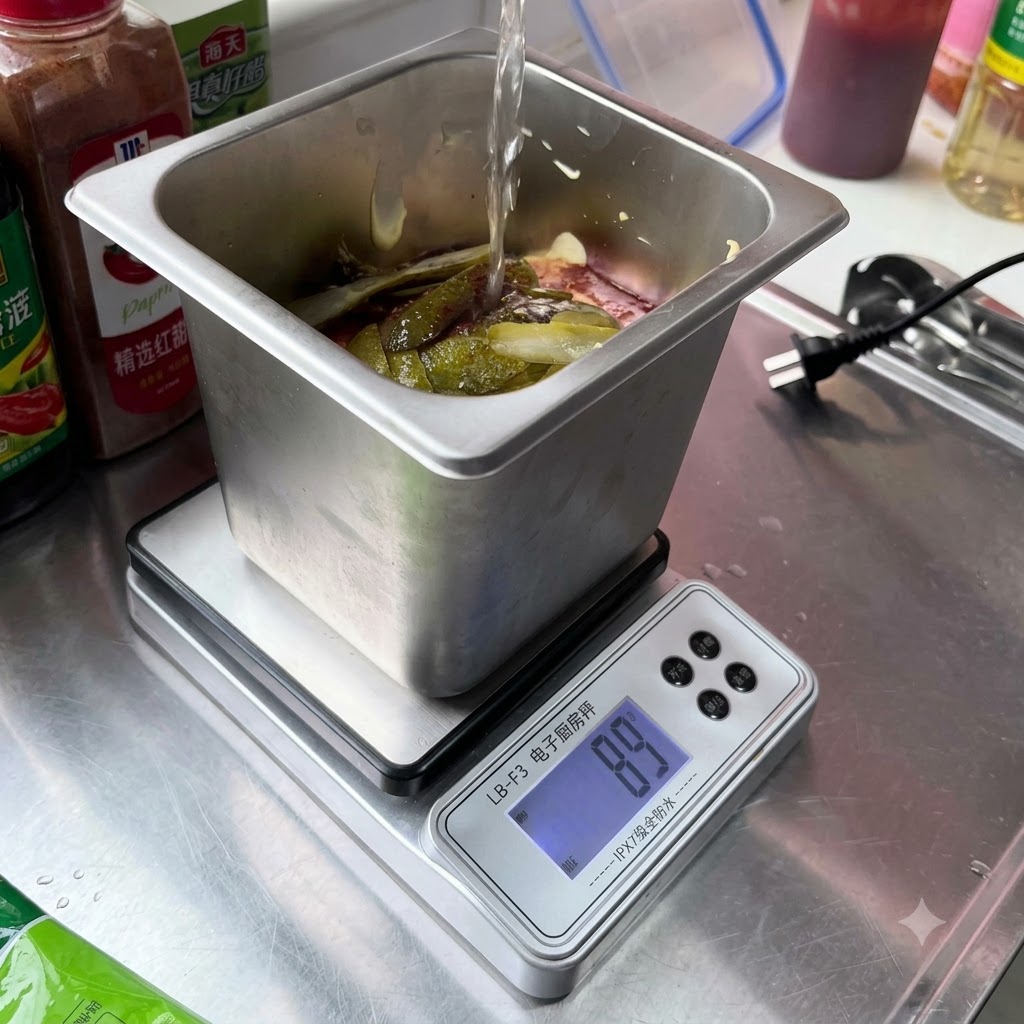 Eingelegte Gurkenscheiben werden in den Metallbehälter mit den Saucenzutaten gegeben.