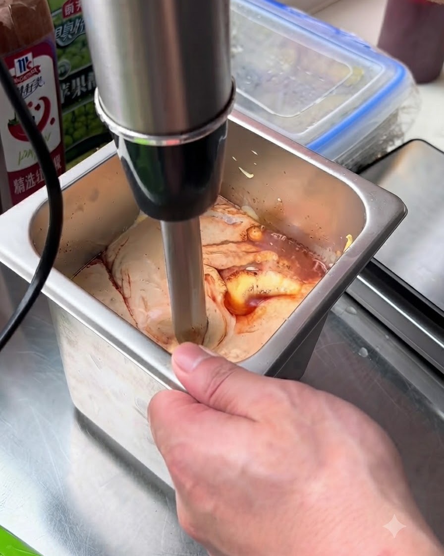 Ein Stabmixer vermischt die Burgersaucenzutaten im Metallbehälter.