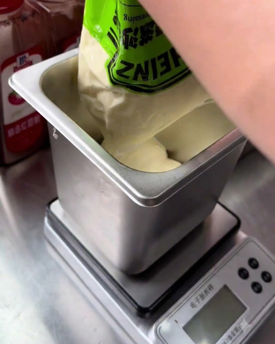 Weiße Mayonnaise wird aus einer Beutelverpackung in einen sauberen, quadratischen Metallbehälter gedrückt.