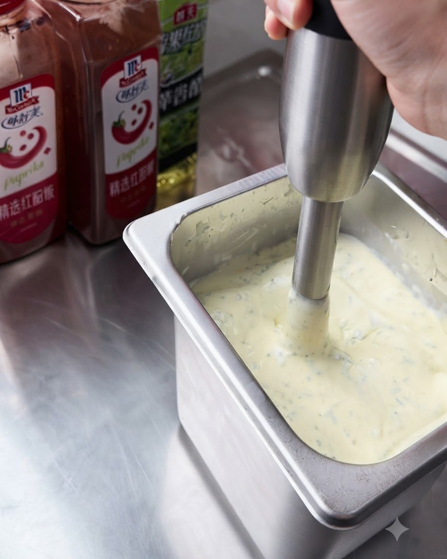 Ein Stabmixer wird in einem Edelstahlbehälter bedient, um die cremige Tartarsauce und grüne Kräuter zu vermengen.